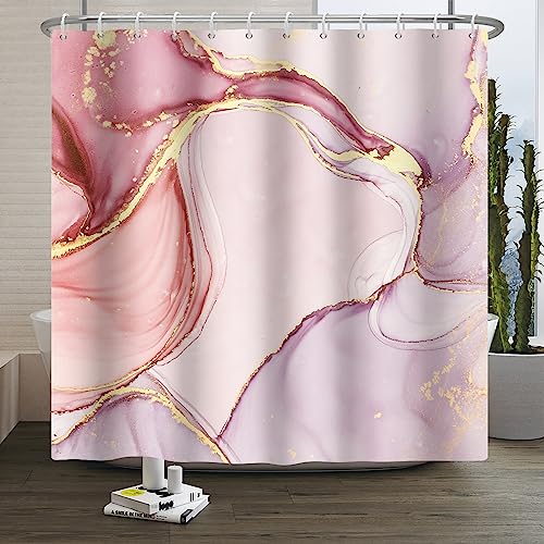 SDOTPMT 122x183cm Marmor Duschvorhang Gemischt Rosa Lila Luxus Textur Golden Pulver Badevorhang Abstrakt Glatter Wirbel Badewannenvorhang für Badezimmer Stoff Polyester Wasserdicht mit Haken von SDOTPMT