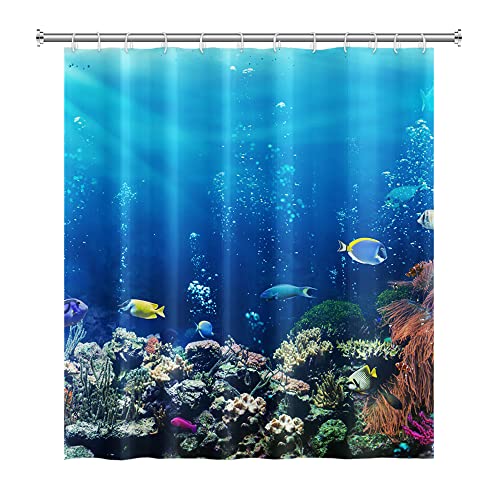 SDOTPMT 122x183cm Ozean Tropisch Fische Duschvorhang Unterwasser Meer Tier Koralle Riff Badevorhang Sommer Blau Ozean Badewannenvorhang für Kinder Badezimmer Stoff Polyester Wasserdicht mit Haken von SDOTPMT