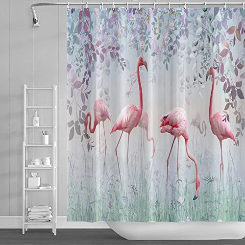 SDOTPMT 122x183cm Rosa Flamingo Duschvorhang Sommer Tropisch Eukalyptus Blätter Gras Farbenfroh Blume Niedliches Tier Pflanze für Kind Moderne Badevorhang für Badezimmer-Dekor mit Haken von SDOTPMT