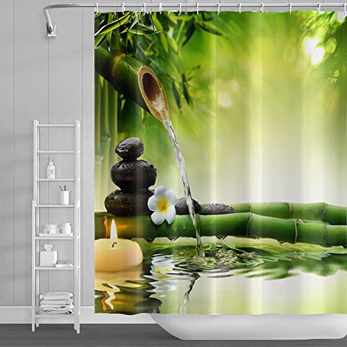 SDOTPMT 122x183cm Spa Bambus Duschvorhang Grün Laub Aromatisch Kerzen Wasser Therapie Blumen Badevorhang Zen Meditation Basalt Steine Badewannenvorhang für Kinder Badezimmer Polyester mit Haken von SDOTPMT