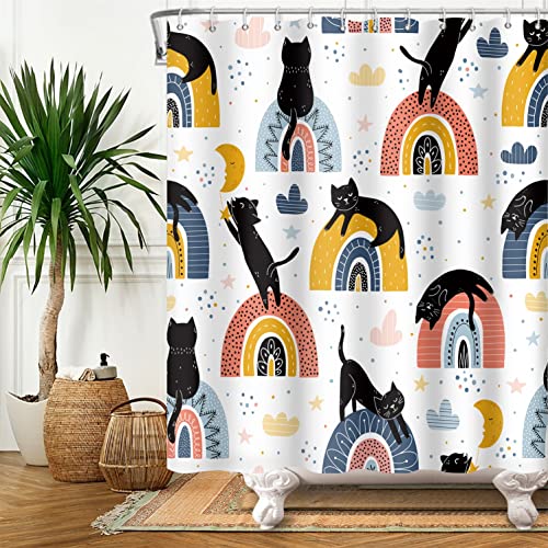 SDOTPMT 122x183cm Süß Tier Duschvorhang Abstrakt Karikatur Schwarz Katze Bunt Regenbogen Badevorhang Lustig Haustiere Thema Badewanne Vorhang Stoff Polyester für Kind Badezimmer mit Haken von SDOTPMT