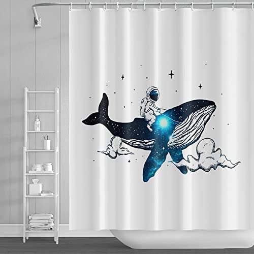 SDOTPMT 122x183cm Wal Duschvorhang Astronaut Reiten Wal Universum Planet Badevorhang Süß Raumfahrer Weiß Vorhang für Kinder Badewanne Vorhang Stoff Wasserdicht für Badezimmer Badevorhang mit Haken von SDOTPMT