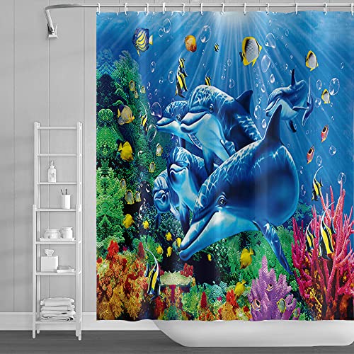 SDOTPMT 122x183cm Wal Duschvorhang Bunt Tropisch Fische Seetang Koralle Riff Unterwasser Meereslandschaft Badevorhang Blau Ozean Badewannenvorhang für Kinder Badezimmer Stoff Polyester mit Haken von SDOTPMT