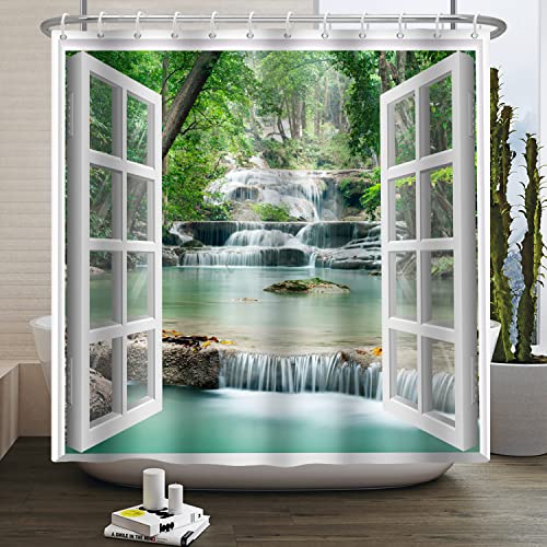SDOTPMT 140x180cm Duschvorhang mit Fensterblick Frühling Wasserfall Bäume Wildnis Landschaft Bad Vorhang Weiß Fenster Bild Moderne Kunst Stoff Wasserdichter Badezimmer Vorhang mit Haken von SDOTPMT