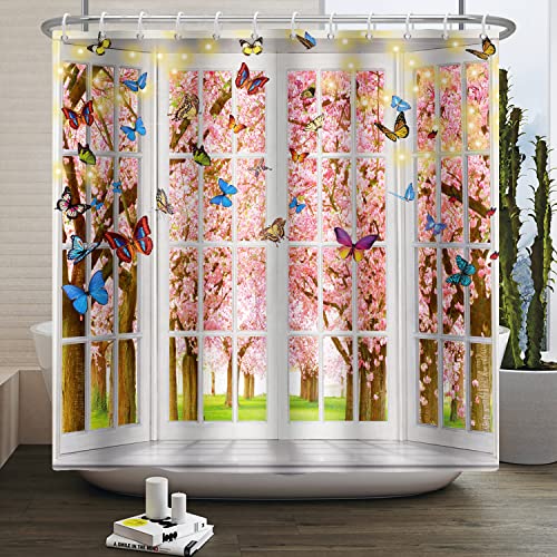 SDOTPMT 140x180cm Fenster Blick Badevorhang Bunte Blumen Schmetterling Rosa Pfirsich Romantischer Stil Duschvorhang Frühling Natürliche Tierwelt Pflanzen Stoff Wasserdicht Badewanne Vorhang mit Haken von SDOTPMT