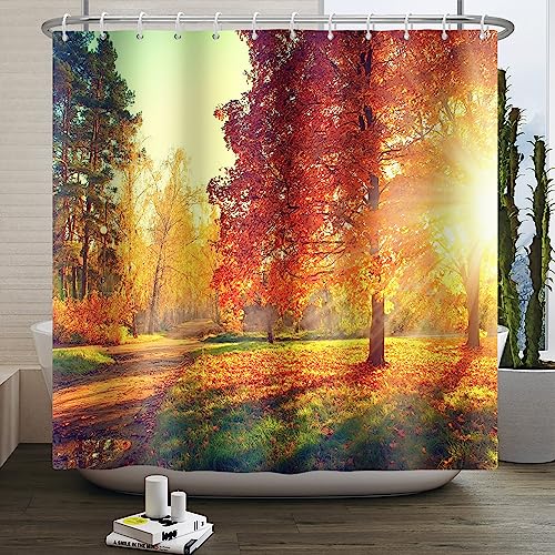 SDOTPMT 140x180cm Herbst Natur Landschaft Duschvorhang Herbst Ahorn Blätter Wald Bad Vorhang Land Bauernhaus Thanksgiving Badewanne Vorhang für Badezimmer Dekor Polyester mit Haken von SDOTPMT