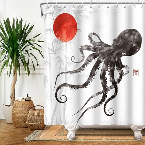 SDOTPMT 140x180cm Nautischer Oktopus Duschvorhang Schwarz Bambus Rot Sonne Japanischer Stil Badvorhang Tinte Waschen Malerei Abstrakte Kunst Polyester Wasserdicht Badvorhänge Dekor mit Haken von SDOTPMT