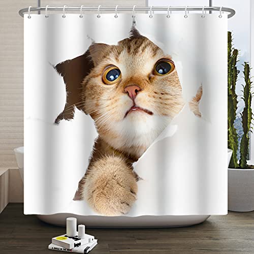 SDOTPMT 140x180cm Schöne Katze Duschvorhang Lustig Frech Cat in Loch mit Kralle Kratzer Lustig Tier 3D Haustier Kralle Kreatives Dekor Verspielt Kätzchen Badezimmer Vorhang für Home Badewannen von SDOTPMT