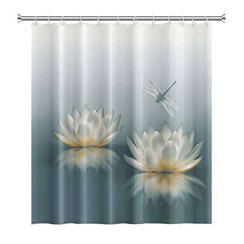 SDOTPMT 140x183cm Lotus Blume Duschvorhang Süß Libelle Zen Spa Badevorhang Elegant Blumen Spirituell Meditation für weiblich Badewanne Vorhang Wasserdicht für Badezimmer Badevorhang mit Haken von SDOTPMT