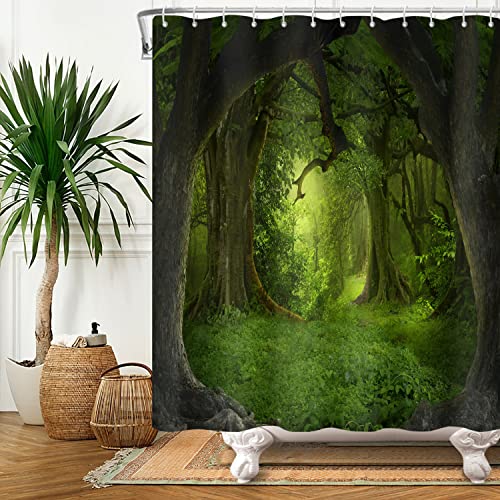 SDOTPMT 140x183cm Magie Wald Duschvorhang Märchen Fantasie Urwald Baum Grün Anlage Wiese Badevorhang Natürlich Landschaft Badewannenvorhang für Badezimmer Polyester mit Haken von SDOTPMT