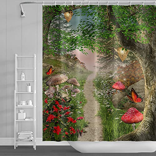 SDOTPMT 140x183cm Magie Wald Duschvorhang Pilz Fantasie Märchen Trippy Baum Schmetterling Badevorhang Blume Grün Gras Badewannenvorhang für Badezimmer Polyester mit Haken von SDOTPMT