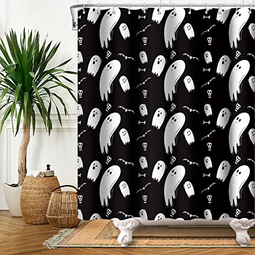 SDOTPMT 140x183cm Süß Karikatur Geister Duschvorhang Lustig Weiß Geist Symbole Süß Halloween Gespenstisch Badevorhang Schwarzer Hintergrund Badewanne Vorhang Polyester für Badezimmer mit Haken von SDOTPMT