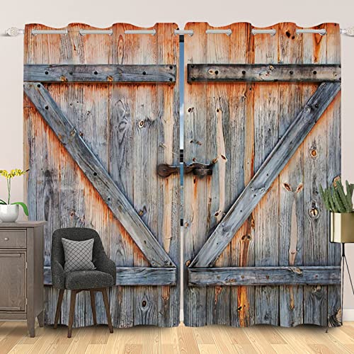 SDOTPMT 140x229cm Hölzern Scheune Tür Fenstervorhang Western Jahrgang Schick Holz Planke Fenstervorhänge Rustikal Bauernhaus Blickdichte Vorhänge für Wohnzimmer Verdunkelung Vorhänge, 2 Stücke von SDOTPMT