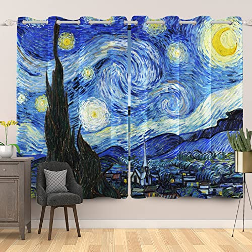 SDOTPMT 140x229cm Sternenklar Nacht Fenstervorhang Van Gogh Abstrakt Ölgemälde Himmel Hütte Fenstervorhänge Rustikal Bauernhaus Blickdichte Vorhänge für Wohnzimmer Verdunkelung Vorhänge, 2 Stücke von SDOTPMT