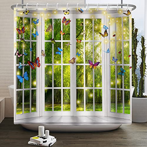 SDOTPMT 150x180cm Frühling Fenster Blick Duschvorhang Fantasy Magie Grüner Wald Weiß Badevorhang Bunte Psychedelic Schmetterling Schwacher Sonnenschein Fee Badewanne Stoff Vorhang mit Haken von SDOTPMT