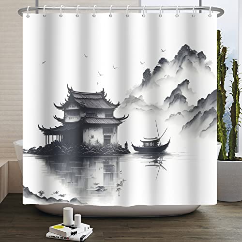 SDOTPMT 150x180cm See Berg Duschvorhang Rauchiges Bergboot Wilde Natur Nationalparks Badewanne Landschaft Foto Kunstwerk Bad Vorhang für Badezimmer Dekor mit Haken von SDOTPMT