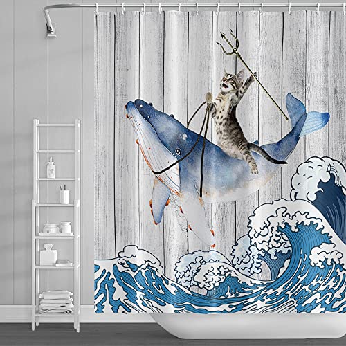 SDOTPMT 152x183cm Komisch Katze Reiten Wal Duschvorhang Jahrgang Holz Boden Japanisch Meer Ozean Welle Badevorhang Süß Karikatur Badewanne Vorhang Wasserdicht für Badezimmer Badevorhang mit Haken von SDOTPMT