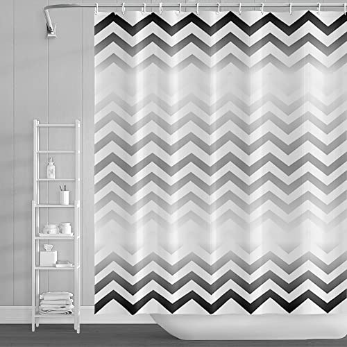 SDOTPMT 152x183cm Welle Streifen Duschvorhang Schwarz Weiß Gradient Horizontal Wellenförmig Zickzack Badevorhang Abstrakt Geometrisch Badewannenvorhang für Kinder Badezimmer Polyester mit Haken von SDOTPMT
