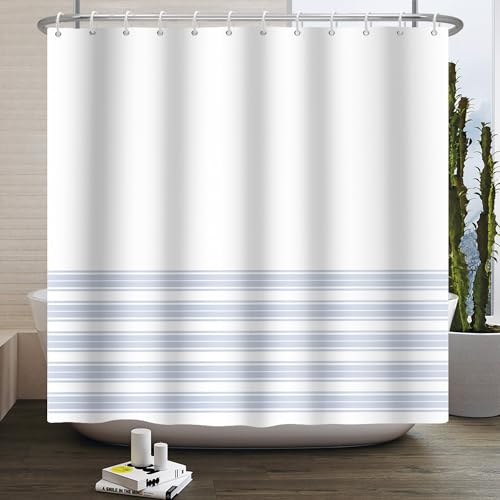 SDOTPMT 165x180cm Bohemian Retro Chic Stil Duschvorhang Modern Minimalismus Blau Gestreift Badvorhang Rustikal Bauernhaus Klassisch Ästhetisch Badewannenvorhang Baddekor Polyester mit Haken von SDOTPMT