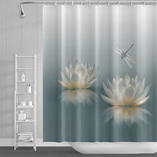 SDOTPMT 165x183cm Lotus Blume Duschvorhang Süß Libelle Zen Spa Badevorhang Elegant Blumen Spirituell Meditation für weiblich Badewanne Vorhang Wasserdicht für Badezimmer Badevorhang mit Haken von SDOTPMT