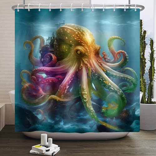SDOTPMT 165x183cm Oktopus Duschvorhang Bunte Oktopus Tentakel Antike Burg Ozean Vintage Marine Wildlife Seeungeheuer Küste Nautisch für Badezimmer Dekor Stoff Polyester mit Haken SDOTPMT 165x183cm Oktopus Duschvorhang Bunte Oktopus Tentakel Antike Burg Ozean Vintage Marine Wildlife Seeungeheuer Küste Nautisch für Badezimmer Dekor Stoff Polyester mit Haken von SDOTPMT