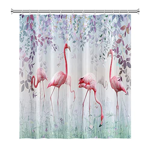 SDOTPMT 165x183cm Rosa Flamingo Duschvorhang Tropischer Eukalyptusblätter Bunte Blume Nette Tier Pflanze Bad Vorhang Moderner klassischer Badevorhang für Badezimmer Dekor mit Haken von SDOTPMT