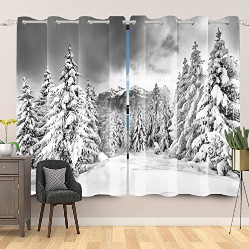 SDOTPMT 168x229cm, 2 Stücke Wald Kiefer Baum Schneewehe Fenstervorhang Winter Verschneit Berg Höchststand Fenstervorhänge Natürlich Landschaft Blickdichte Vorhänge für Wohnzimmer Schiebevorhänge von SDOTPMT