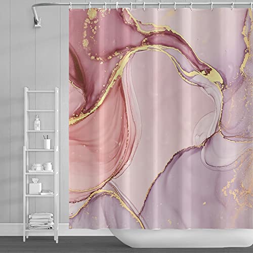 SDOTPMT 175x190cm Marmor Duschvorhang Gemischt Rosa Lila Luxus Textur Golden Pulver Badevorhang Abstrakt Glatter Wirbel Badewannenvorhang für Badezimmer Stoff Polyester Wasserdicht mit Haken von SDOTPMT