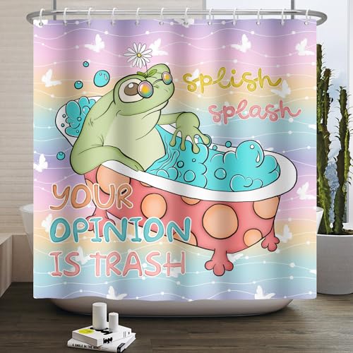 SDOTPMT 175x190cm Niedlicher Cartoon Frosch Duschvorhang Kleiner Frosch auf Badewanne Rosa Fantasie Badvorhang Tierisch Bunter Badewannenvorhang Kind Badezimmer Polyester Wasserdicht mit Haken von SDOTPMT