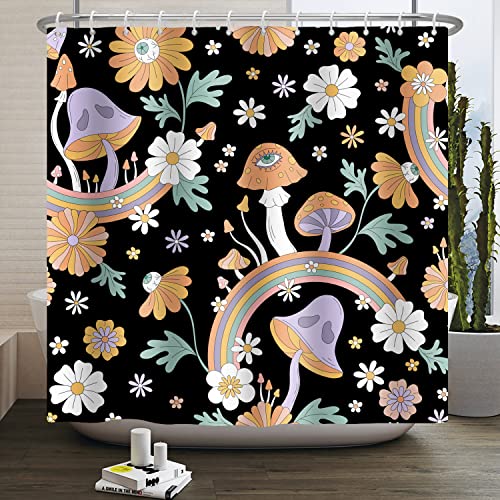 SDOTPMT 175x190cm Retro Boho Blumen Duschvorhang Bunt Regenbogen Pilz Blumen mit Augen Gänseblümchen Magisch Botanisch Wasserdicht Badezimmer Vorhang für Frauen Männer Badewannen Toilette von SDOTPMT