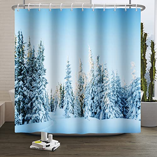 SDOTPMT 175x190cm Winter Schnee Duschvorhang Kiefer Baum Weiß Schneeflocken Sonnig Blau Himmel Badevorhang Natürlich Landschaft Schneewehe Badewannenvorhang für Badezimmer Polyester mit Haken von SDOTPMT