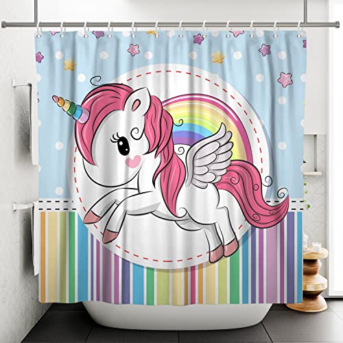 SDOTPMT 178x183cm Süß Karikatur Einhorn Duschvorhang Regenbogen Fantasie Baby Tier Badevorhang Stern Bunt Streifen Badewanne Vorhang Wasserdicht für Badezimmer Badevorhang mit Haken von SDOTPMT