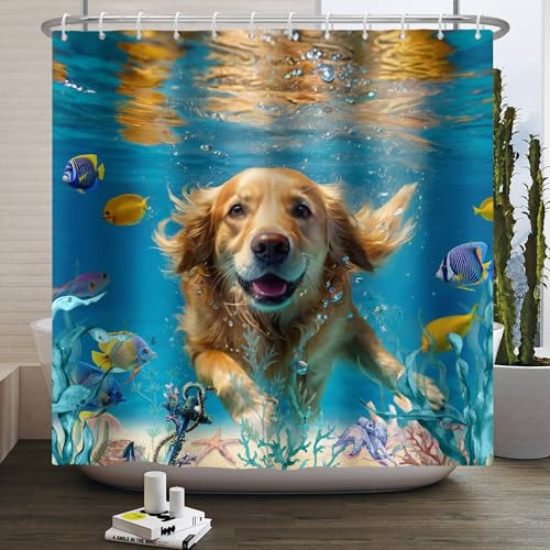 SDOTPMT 178x183cm Unterwasser Hund Duschvorhang Unterwasser Lustig Tauchen Hund Tier Fisch Marine Alga Schwimmen Pool Wasser Splash Fun Hippie Sommer Thema Polyester Stoff Bad Vorhang mit Haken von SDOTPMT