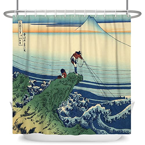 SDOTPMT 180x180cm Abstrakt Ukiyo-e Animes Duschvorhang Japanisch Ozean Wellen Berg Fuji Kanagawa Landschaft Badevorhang Orient Traditionell Badewannenvorhang für Badezimmer Polyester mit Haken von SDOTPMT