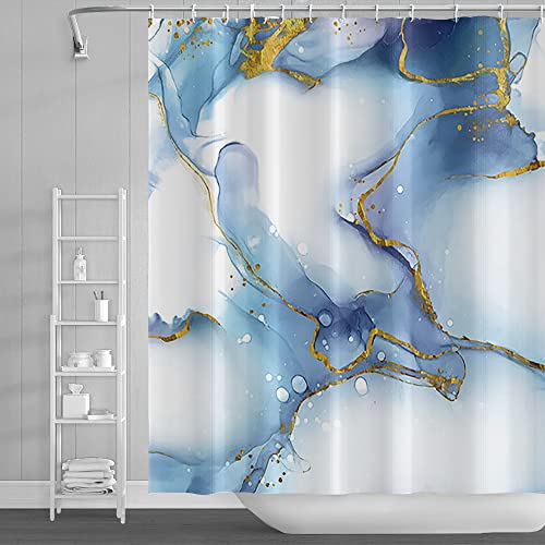 SDOTPMT 180x180cm Blau Weiß Marmor Duschvorhang Elegant Textur Golden Pulver Wirbeln Badevorhang Abstrakt Badewannenvorhang für Kinder Badezimmer Polyester Wasserdicht mit Haken von SDOTPMT