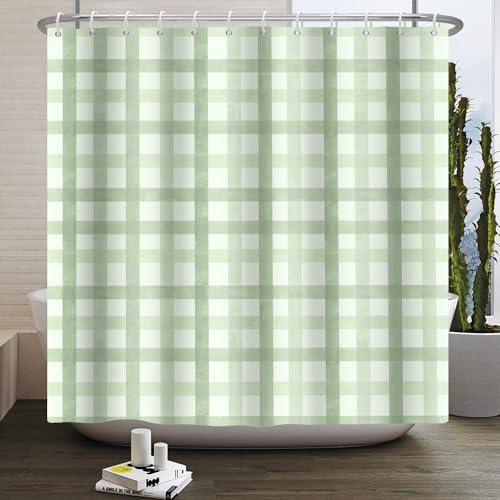 SDOTPMT 180x180cm Bohemian Retro Chic Stil Duschvorhang Grün Weiß Kariert Gestreift Badvorhang Rustikal Bauernhaus Klassisch Ästhetisch Stoff Polyester Vorhänge Badezimmer Set mit Haken von SDOTPMT