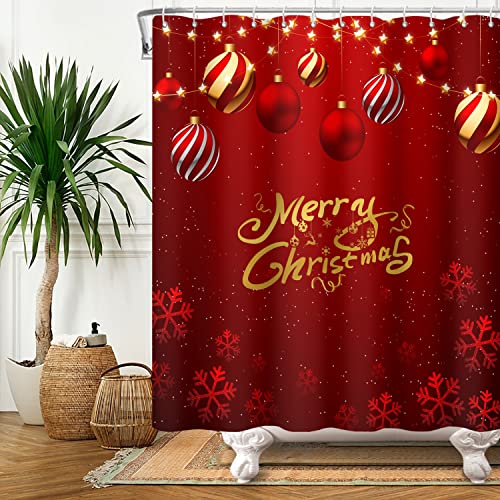 SDOTPMT 180x180cm Frohe Weihnachten Duschvorhang Schneebedeckt Rot & Rot Weiß Streifen Feier Ball Badevorhang Festlich Rot Hintergrund Winter Badewannenvorhang für Badezimmer Polyester mit Haken von SDOTPMT