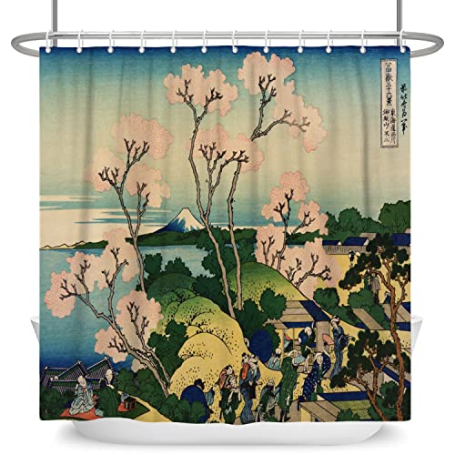 SDOTPMT 180x180cm Japanisch Frühling Landschaft Duschvorhang Kirsche Blüte Ukiyo-e Kanagawa Badevorhang Fuji-Berg Orient Ethnisch Animes Badewannenvorhang für Badezimmer Polyester mit Haken von SDOTPMT