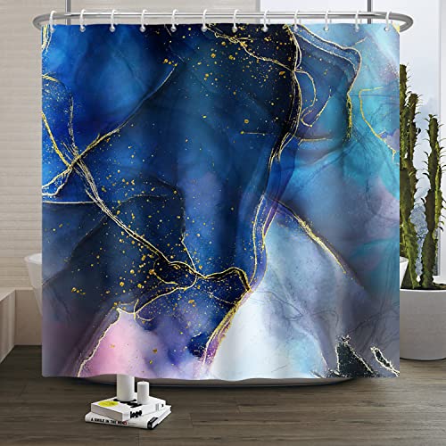 SDOTPMT 180x180cm Abstrakter Marmor Duschvorhang Blau Eleganter Luxus Textur Wirbel Goldenes Pulver Bad Vorhang Moderner klassischer Badevorhang für Badezimmer Dekor mit Haken von SDOTPMT