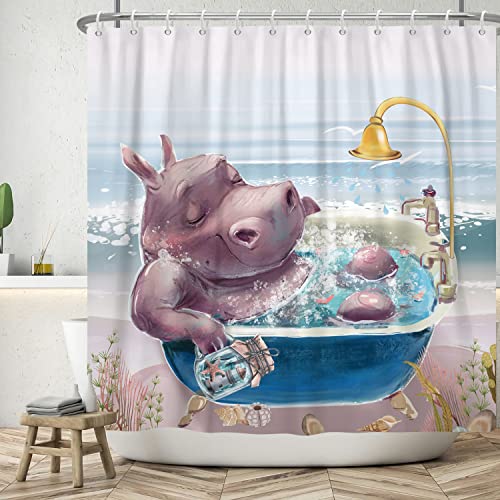 SDOTPMT 180x180cm Netter Hippo Duschvorhang Lustiger Cartoon Tier Seaside Landschaft Bad Vorhang Moderne Mode Badezimmer Vorhang für Kinder Badezimmer Dekor mit Haken SDOTPMT 180x180cm Netter Hippo Duschvorhang Lustiger Cartoon Tier Seaside Landschaft Bad Vorhang Moderne Mode Badezimmer Vorhang für Kinder Badezimmer Dekor mit Haken von SDOTPMT