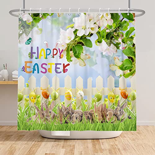 SDOTPMT 180x180cm Ostern Duschvorhang Glitzer Bokeh Feder Garten Weiß Blumen Zaun mit Bunt EierGrasfeld Niedlich Häschen Badezimmervorhänge for Heim Badewannen Toilette Dekor Set mit Haken von SDOTPMT