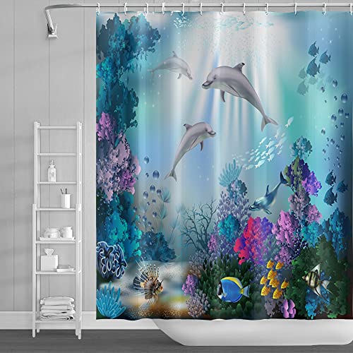 SDOTPMT 180x180cm Ozean Delfin Duschvorhang Sonnenstrahl Tropisch Bunt Fisch Badevorhang Unterwasser Welt Marine Tiere Badewannenvorhang für Badezimmer Dekor Stoff Polyester Wasserdicht mit Haken von SDOTPMT