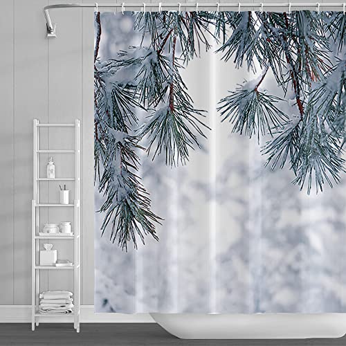 SDOTPMT 180x180cm Schneebedeckt Winter Duschvorhang Landschaft Draussen Berg Weiß Schnee Kiefer Bäume Friedlich Landschaft Badewannenvorhang für Badezimmer Stoff Polyester mit Haken von SDOTPMT