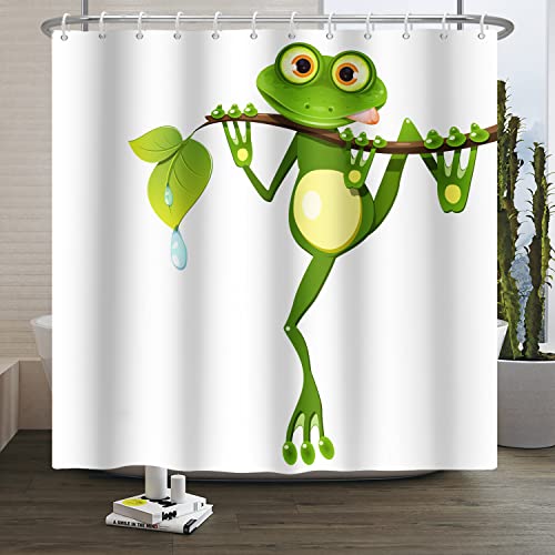 SDOTPMT 180x180cm Süß Karikatur Frosch Duschvorhang Wenig Frosch an Baum Zweig Grün Laub Badevorhang Sommer Tier Weiß Badewannenvorhang für Kinder Badezimmer Polyester Wasserdicht mit Haken von SDOTPMT