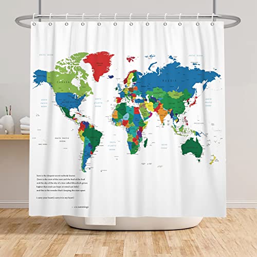 SDOTPMT 180x180cm Weltkarte Duschvorhang Farbig Karte der Welt Kinder Bildungs Thema Länder Städte Badvorhang Weiß Dusche Vorhang für Badezimmer Polyester mit Haken von SDOTPMT