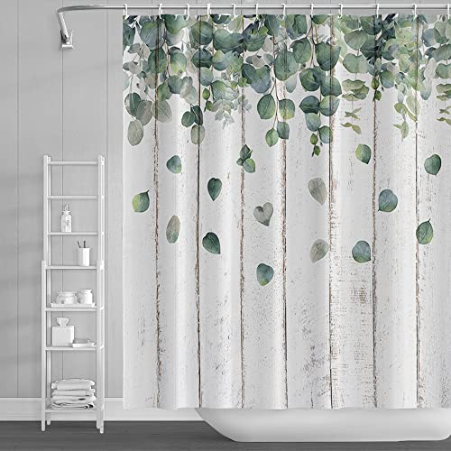 SDOTPMT 180x198cm Grüne Eukalyptusblätter Dusche Vorhang Graues Holzbrett Boden Natürliche botanische Pflanzen Frühling Ländlich Farmhaus Badevorhang für Badezimmer-Dekor mit Haken von SDOTPMT