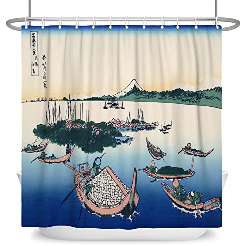 SDOTPMT 180x198cm Japanisch Holz Boot Nautisch Duschvorhang Ukiyo-e Kanagawa Ozean Landschaft Badevorhang Montieren Fuji Orient Ethnisch Badewannenvorhang für Badezimmer Polyester mit Haken von SDOTPMT