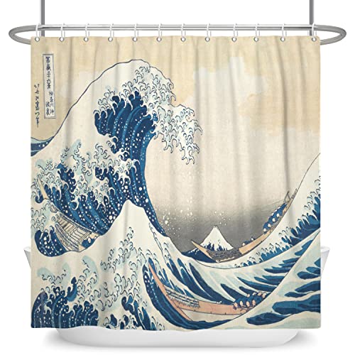SDOTPMT 180x198cm Japanisch Ozean Wellen Duschvorhang Abstrakt Meer Welle Hölzern Boot Badevorhang Ukiyo-e Thema Fuji Berg Badewannenvorhang für Badezimmer Polyester mit Haken von SDOTPMT