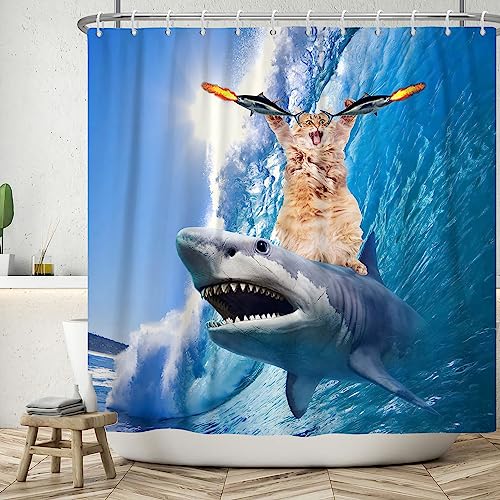 SDOTPMT 180x198cm Lustige Nette Katze Hai Duschvorhang Blau Ozean Welle Badewanne Vorhang Sommer Cartoon Malerei Bad Vorhang für Kinder Badezimmer Dekor Polyester mit Haken von SDOTPMT