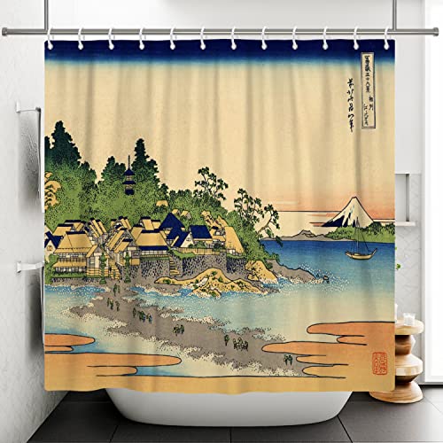 SDOTPMT 180x198cm Montieren Fuji Landschaft Duschvorhang Japanisch Hütte Ozean Strand Orient Traditionell Ethnisch Animes Badevorhang Kanagawa Badewannenvorhang für Badezimmer Polyester mit Haken von SDOTPMT